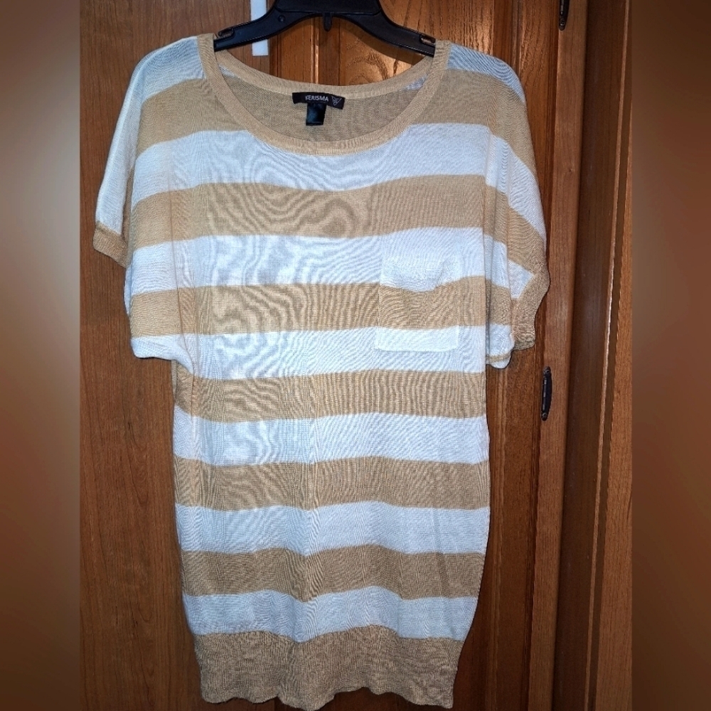 A Kerisma short sleeve semi-sheer shirt in a size small. Cream/white striped.